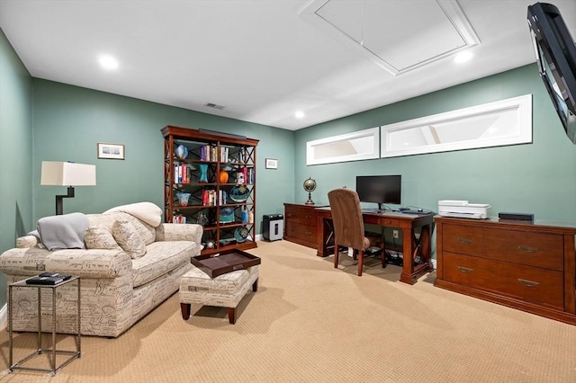 carpeted office space with attic access, recessed lighting, visible vents, and baseboards