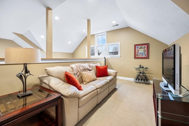 living room featuring visible vents, baseboards, lofted ceiling, carpet floors, and recessed lighting