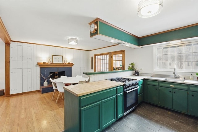 kitchen featuring green cabinetry, a sink, a peninsula, and high end stainless steel range