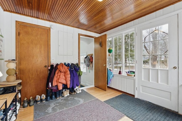 mudroom featuring wood ceiling and wood finished floors