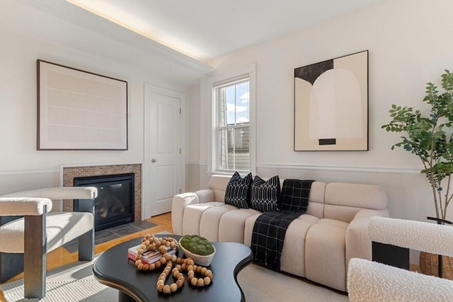 living room featuring a fireplace and light hardwood / wood-style flooring