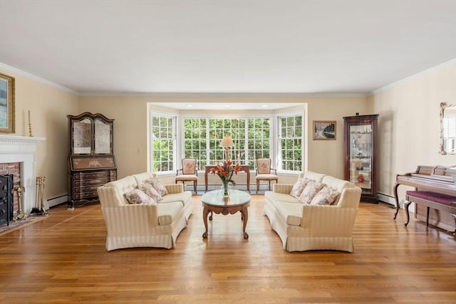 73 Greylock Rd, Wellesley, MA 02481 - living room featuring a brick fireplace, ornamental molding, baseboard heating, and light wood-style flooring