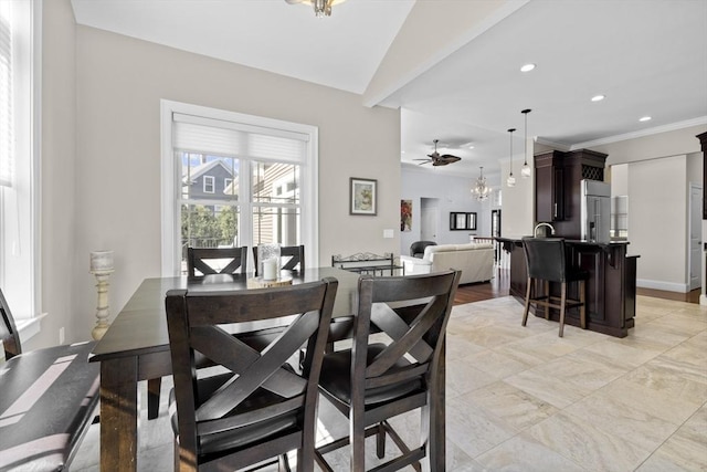 8 Garden St, Woburn, MA 01801 - dining area with recessed lighting, ceiling fan, a chandelier, and ornamental molding