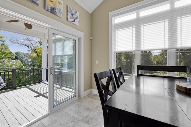 8 Garden St, Woburn, MA 01801 - dining area featuring ceiling fan, lofted ceiling, and baseboards