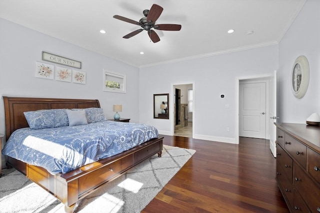 8 Garden St, Woburn, MA 01801 - bedroom with ornamental molding, dark wood-type flooring, baseboards, recessed lighting, and a ceiling fan