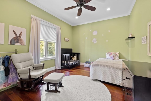 8 Garden St, Woburn, MA 01801 - bedroom featuring crown molding, wood finished floors, recessed lighting, baseboards, and a ceiling fan
