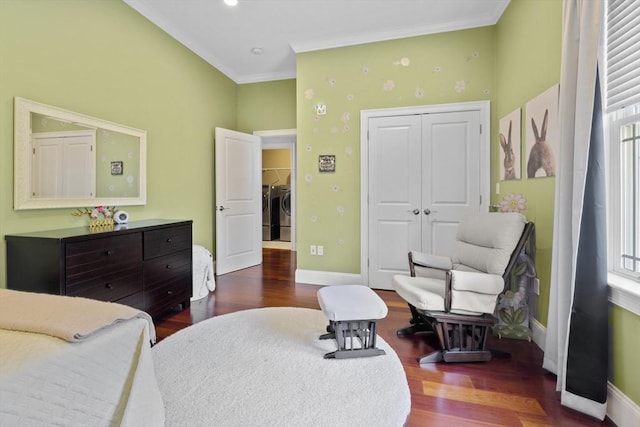 8 Garden St, Woburn, MA 01801 - bedroom featuring washing machine and dryer, baseboards, multiple windows, dark wood-type flooring, and ornamental molding