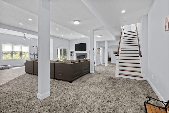 8 Garden St, Woburn, MA 01801 - living room featuring carpet, stairs, baseboards, recessed lighting, and ceiling fan