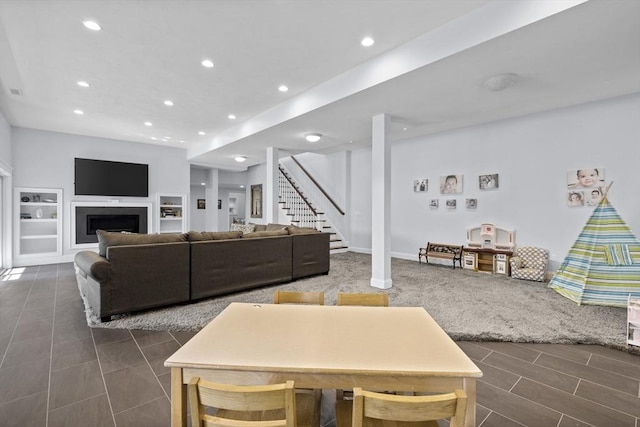 8 Garden St, Woburn, MA 01801 - living area with stairs, recessed lighting, built in features, and a fireplace