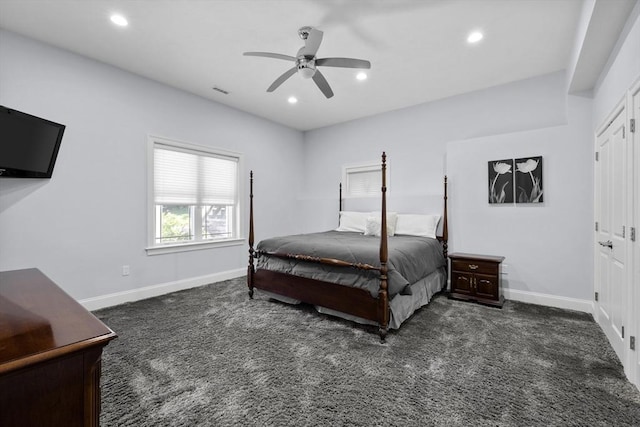 8 Garden St, Woburn, MA 01801 - bedroom featuring dark carpet, baseboards, recessed lighting, and a ceiling fan