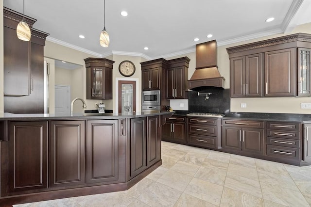8 Garden St, Woburn, MA 01801 - kitchen with appliances with stainless steel finishes, dark countertops, custom exhaust hood, dark brown cabinetry, and recessed lighting