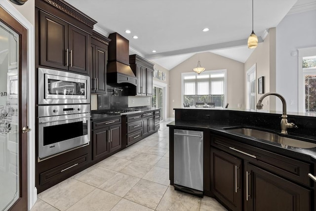 8 Garden St, Woburn, MA 01801 - kitchen with a sink, appliances with stainless steel finishes, custom exhaust hood, vaulted ceiling, and healthy amount of natural light