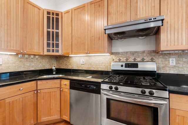 kitchen with backsplash, stainless steel appliances, and sink