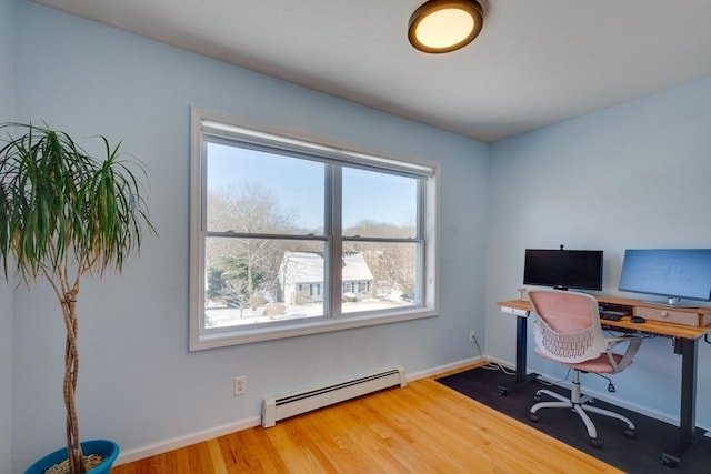 office featuring a baseboard heating unit and hardwood / wood-style flooring