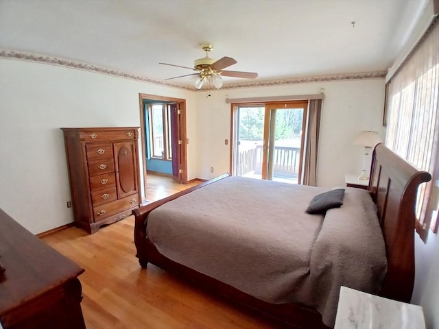 bedroom with light wood finished floors, baseboards, access to outside, and ceiling fan
