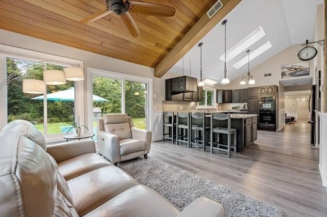 living room featuring beam ceiling, ceiling fan, wooden ceiling, high vaulted ceiling, and light wood-type flooring