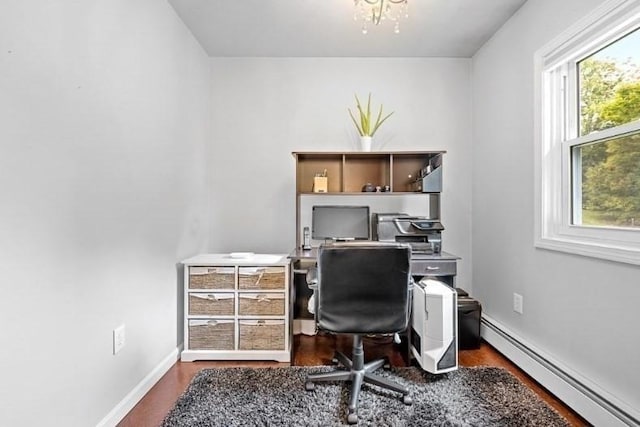 home office with a notable chandelier, dark hardwood / wood-style floors, a wealth of natural light, and a baseboard heating unit