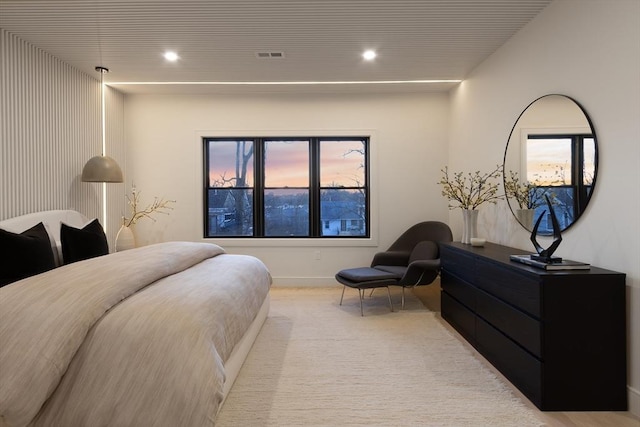 bedroom with carpet floors, recessed lighting, and baseboards