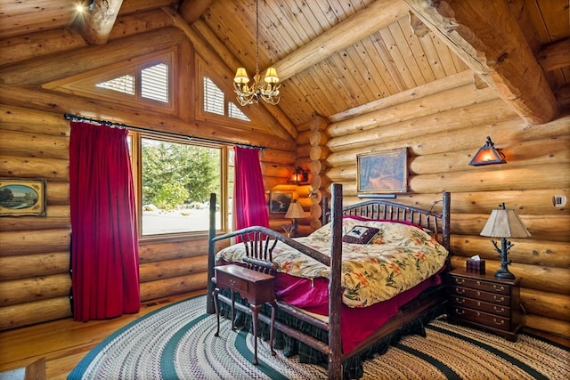 bedroom with log walls, wood ceiling, a chandelier, light hardwood / wood-style floors, and beam ceiling