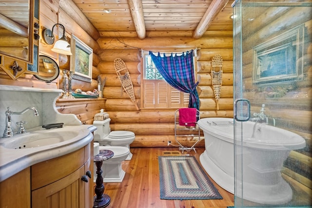 bathroom featuring log walls, beam ceiling, toilet, wood ceiling, and hardwood / wood-style flooring