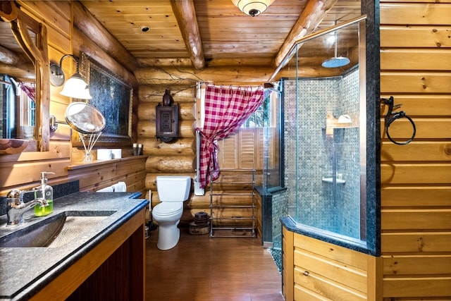 bathroom with vanity, log walls, toilet, wood ceiling, and hardwood / wood-style flooring