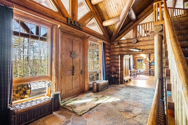 entrance foyer featuring log walls, wood ceiling, beamed ceiling, dark wood-type flooring, and high vaulted ceiling