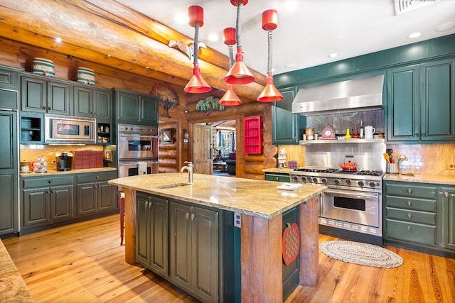 kitchen with tasteful backsplash, stainless steel appliances, decorative light fixtures, and light hardwood / wood-style flooring