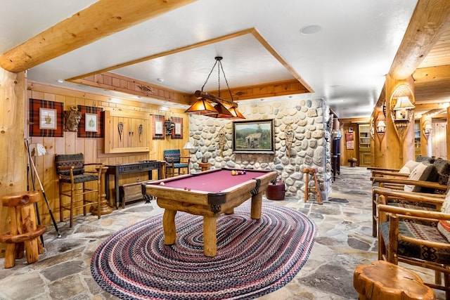 game room featuring wooden walls, billiards, and dark tile floors