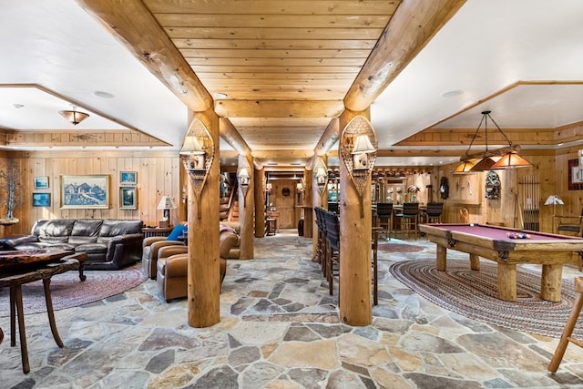 playroom featuring wooden walls, pool table, and beamed ceiling