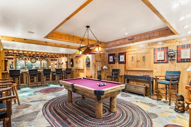 rec room featuring wooden walls, bar, light tile flooring, and billiards