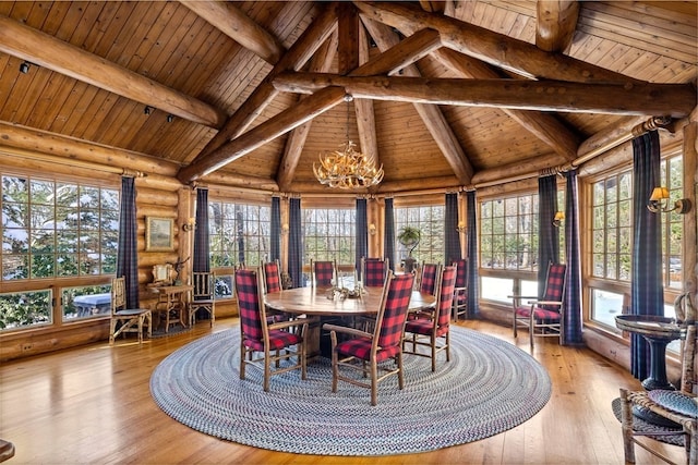 sunroom / solarium with a chandelier, plenty of natural light, wood ceiling, and lofted ceiling with beams