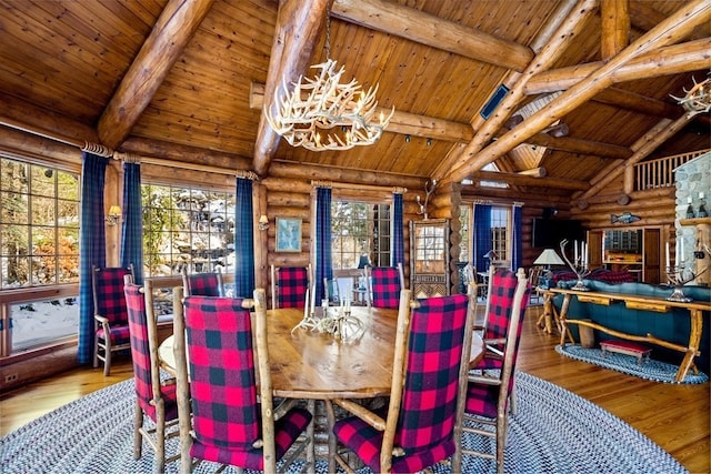 dining room featuring plenty of natural light, rustic walls, wood ceiling, and lofted ceiling with beams