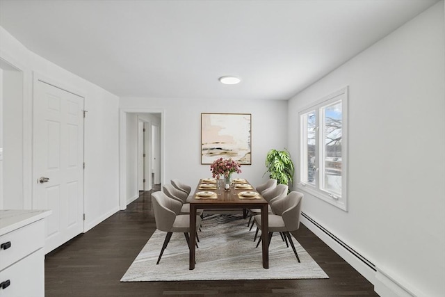 dining room with dark hardwood / wood-style flooring and a baseboard radiator