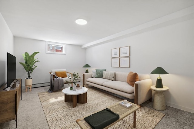 carpeted living room with a baseboard radiator