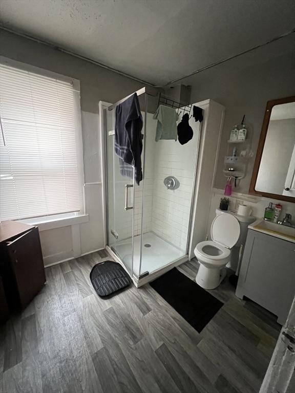 bathroom with a shower with door, vanity, wood-type flooring, and toilet