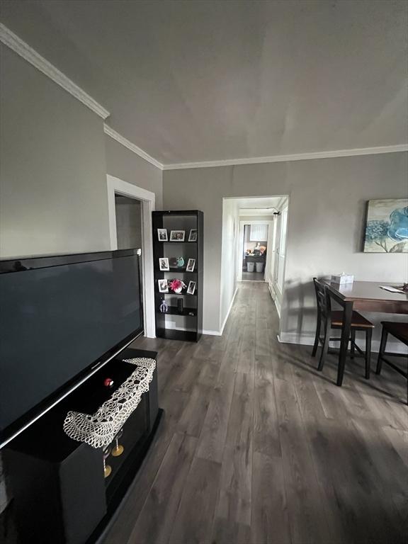 living room featuring ornamental molding and dark hardwood / wood-style floors