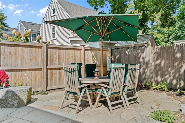 view of patio / terrace featuring a fenced backyard and outdoor dining area