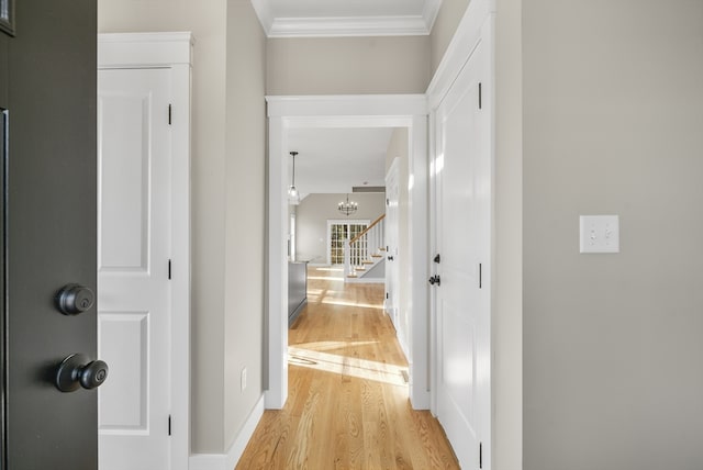 hall with light hardwood / wood-style floors, ornamental molding, and an inviting chandelier