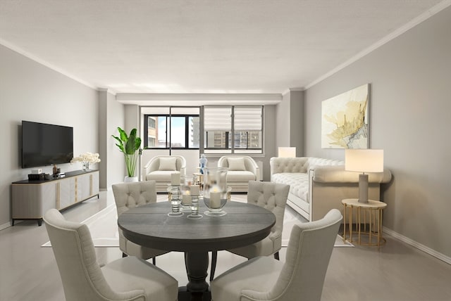 dining space with light wood-type flooring and crown molding