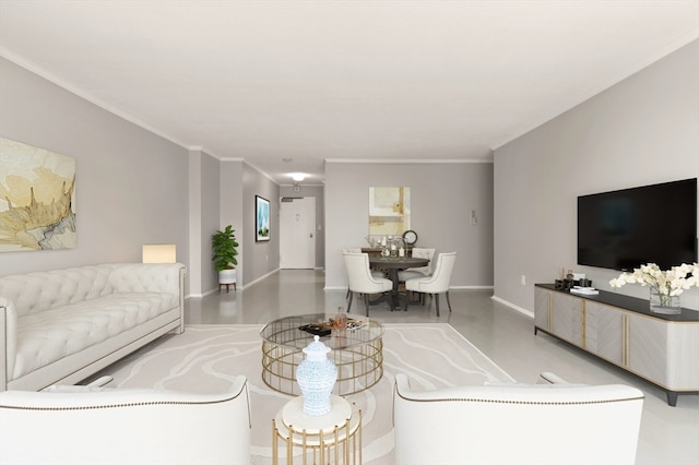 living room featuring concrete flooring and crown molding