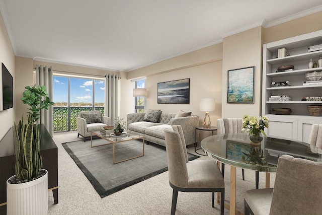 living room featuring carpet flooring, built in features, and ornamental molding