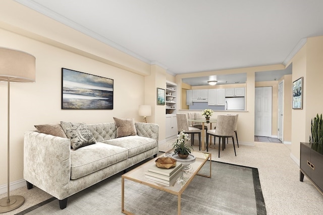 living room featuring built in features, light carpet, and ornamental molding