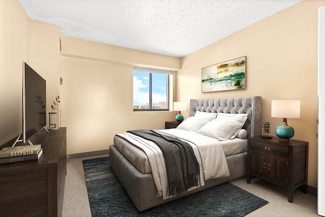 carpeted bedroom with a textured ceiling