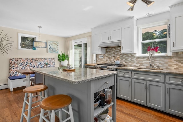 kitchen featuring gray cabinets, decorative light fixtures, sink, and wood-type flooring