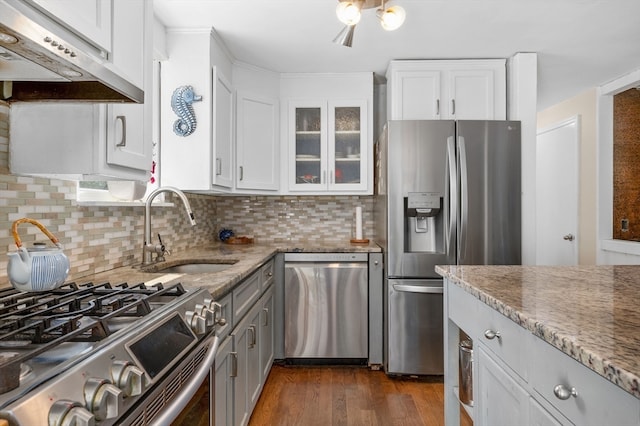 kitchen with white cabinetry, light stone countertops, sink, range hood, and stainless steel appliances