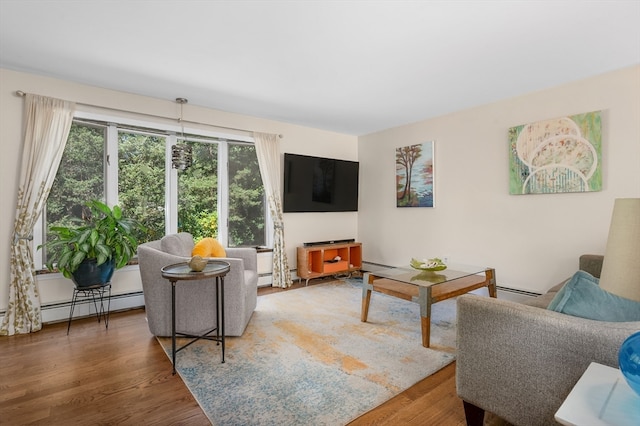 living room with a baseboard radiator and hardwood / wood-style flooring