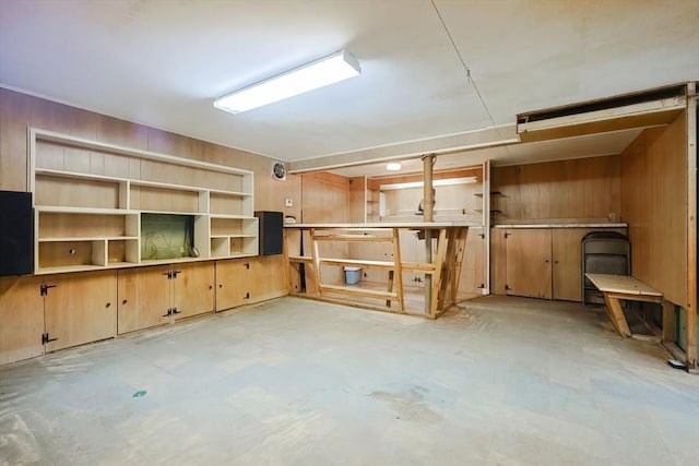 finished basement with wooden walls