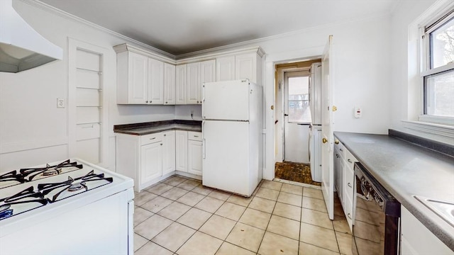 235-237 Corey Rd, Boston, MA 02135 - kitchen with white appliances, premium range hood, white cabinets, healthy amount of natural light, and crown molding