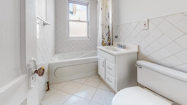 235-237 Corey Rd, Boston, MA 02135 - full bathroom with shower / bath combo, vanity, and tile walls
