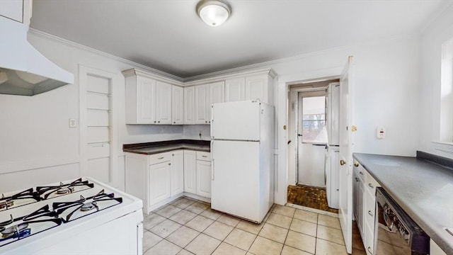 235-237 Corey Rd, Boston, MA 02135 - kitchen with white appliances, premium range hood, white cabinetry, light tile patterned flooring, and ornamental molding